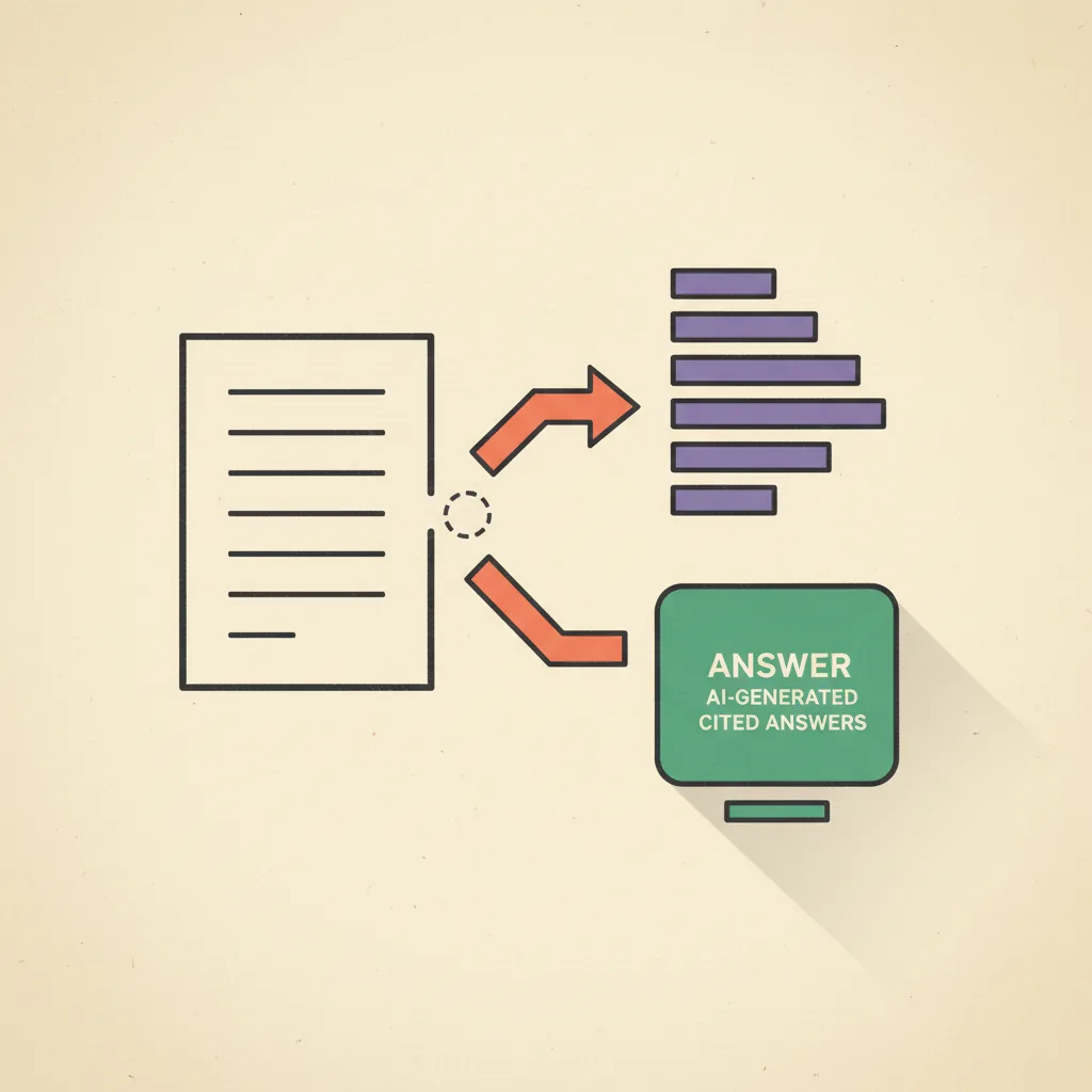 Editorial illustration: two parallel optimization paths — a traditional ranked-list column and an AI synthesis beam — diverging from the same source document, on cream paper.