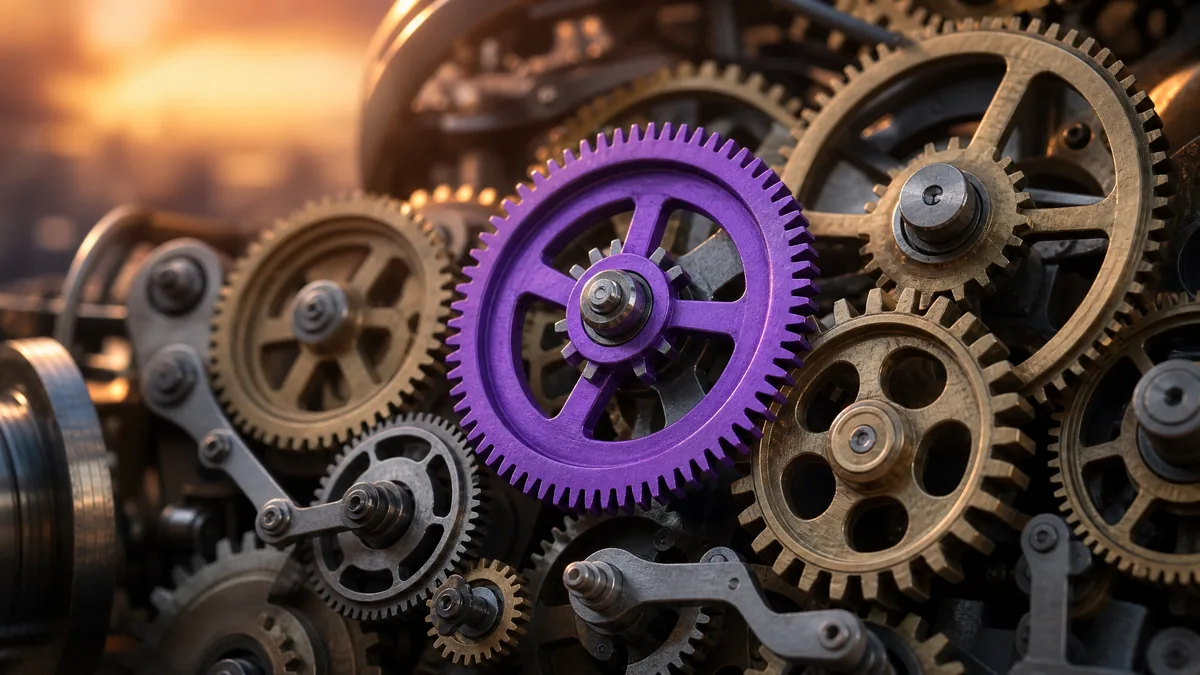 Photoreal editorial hero: an intricate machine of interlocking brass and steel gears with one central keystone gear glowing brand purple, driving the whole mechanism.