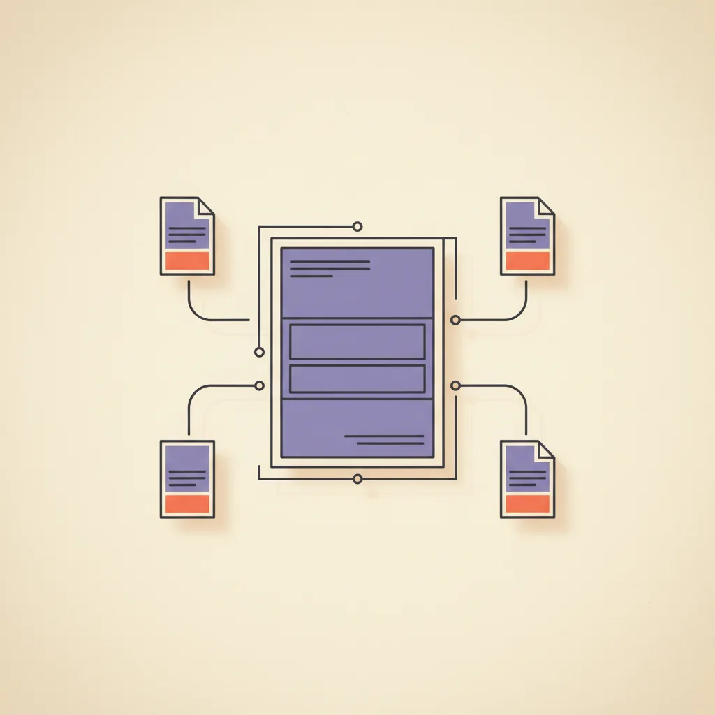 Editorial illustration: a content brief drawn as an architectural blueprint, with one large central document covered in dimension lines, anchor markers, and section bands, surrounded by smaller satellite documents that feed it.