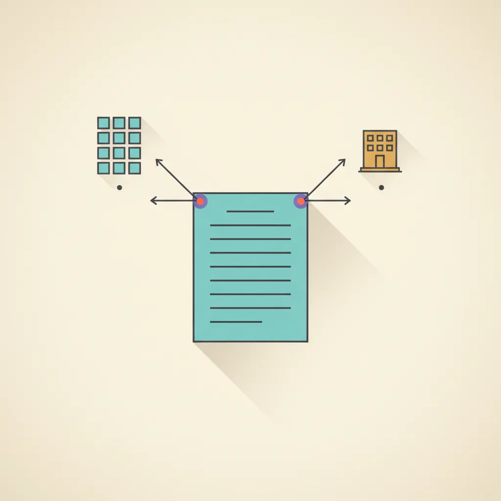 Editorial illustration: a single oversized brief document at center on cream paper, with thin lines branching out to a small cluster of repeating article shapes on one side and a small office-block shape on the other, charcoal line work with cyan and amber accents.