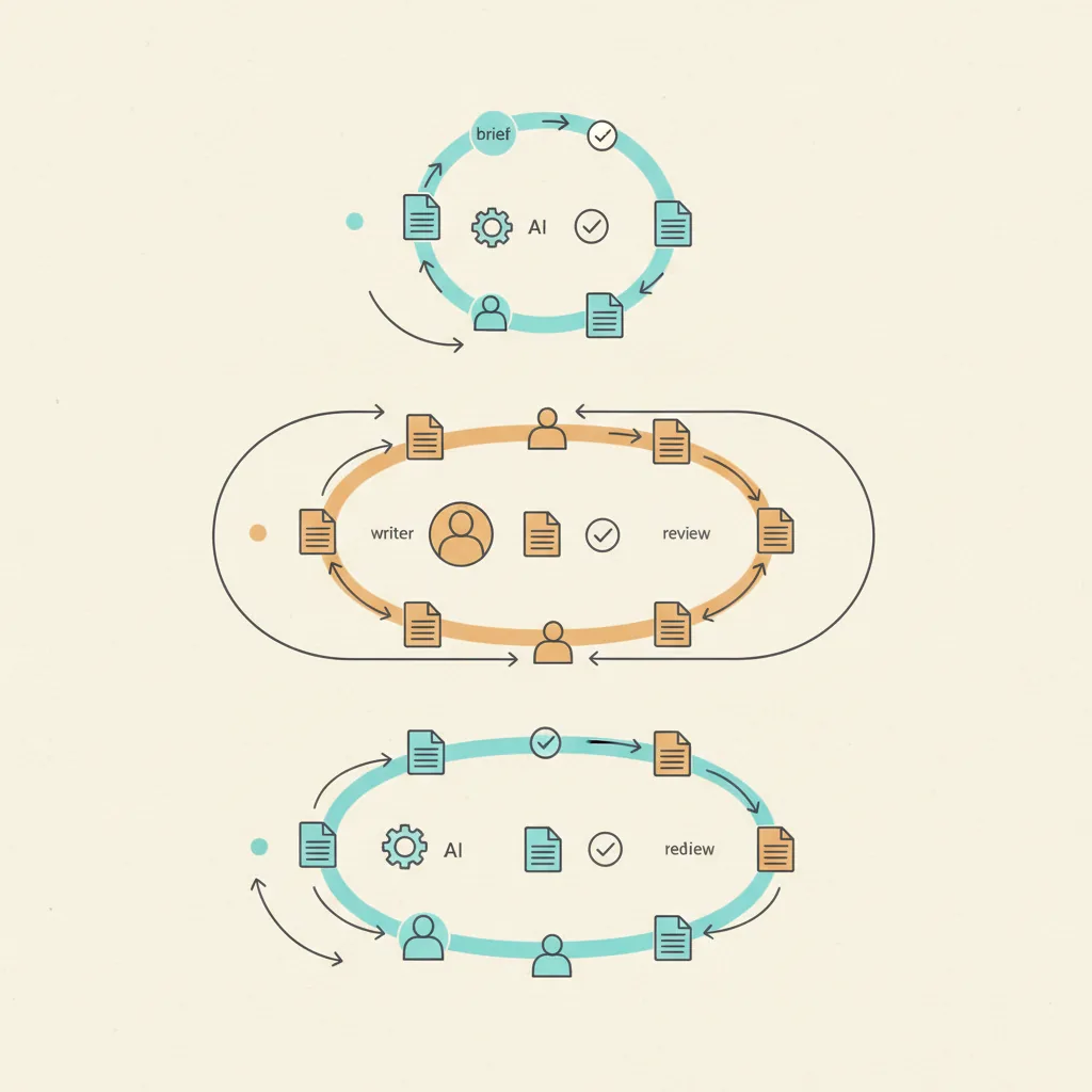 Diagram comparing the iteration loops of an in-house AI engine, a traditional agency, and a hybrid setup. Each loop shows where the brief originates, who drafts, who edits, and how feedback cycles back, with the engine loop visibly tighter than the agency loop.