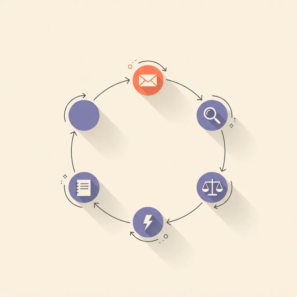 Diagram of the 5-step ops loop applied to email: trigger (email arrives), context (sender history), decide (intent classification), act (draft reply or file), log (feedback layer), drawn as a closed circular loop.