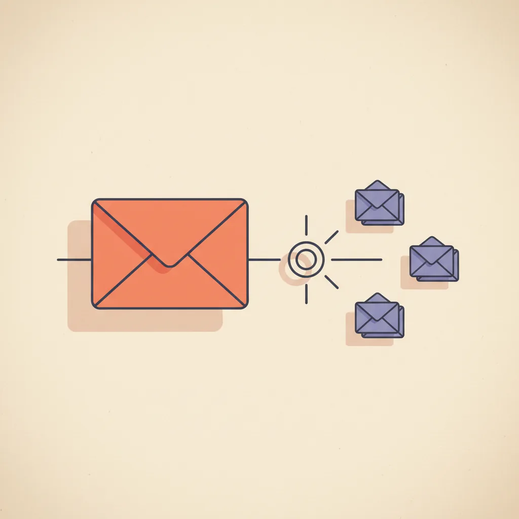 Editorial illustration of an envelope being processed through an abstract sorting line, with three smaller envelopes branching out into separate stacks, charcoal line work on cream paper with brand orange-coral and muted purple accents.