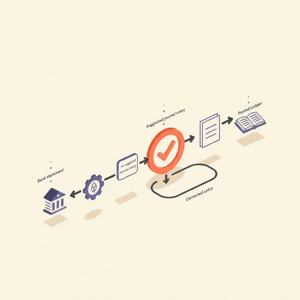 Diagram showing the AI bookkeeping loop: a bank feed flows into an AI classifier, which proposes a journal entry, which routes through a highlighted human-review checkpoint before posting to the ledger, with a feedback arrow looping the corrected entry back into the classifier.