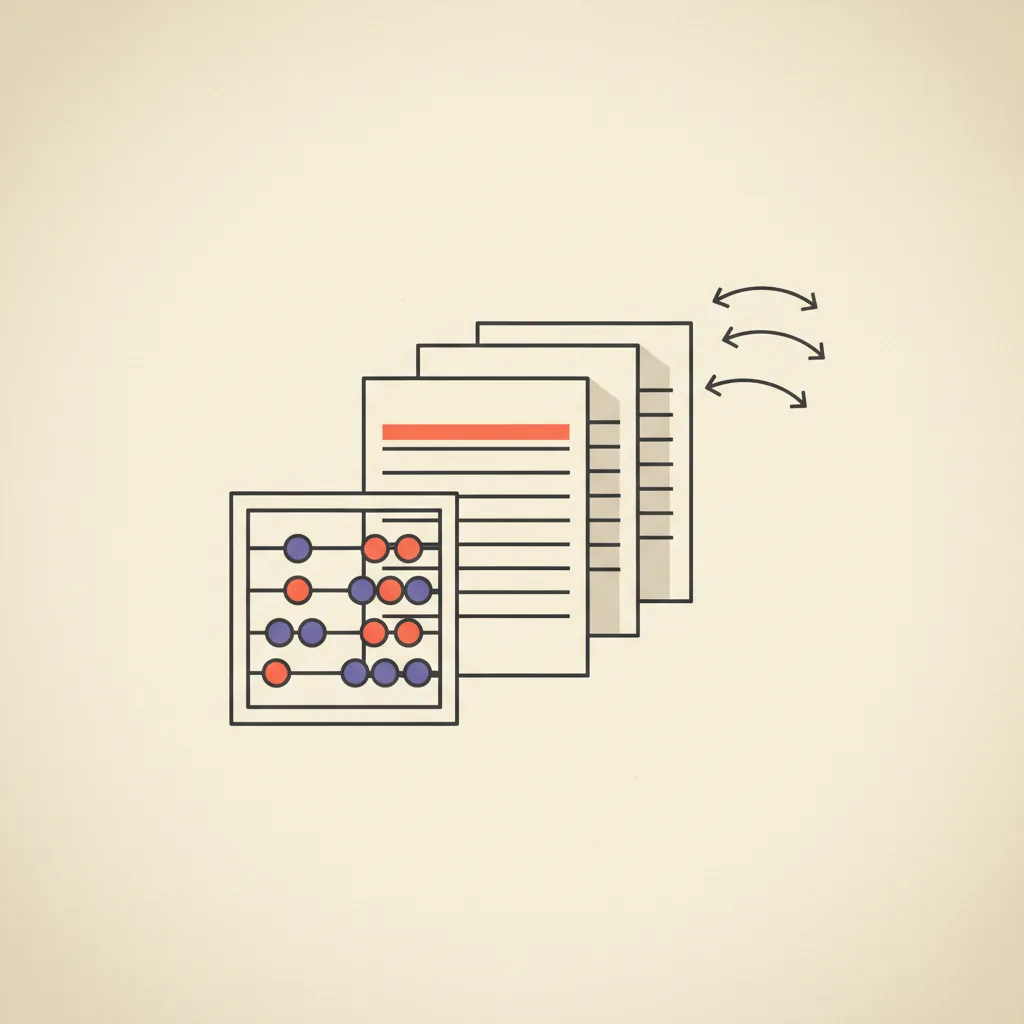 Editorial illustration: a stack of ledger pages with thin horizontal ruling lines, an abacus shape with rounded beads, and curving transaction-flow arrows weaving between them, charcoal line work on cream paper with brand orange-coral and muted purple accents.