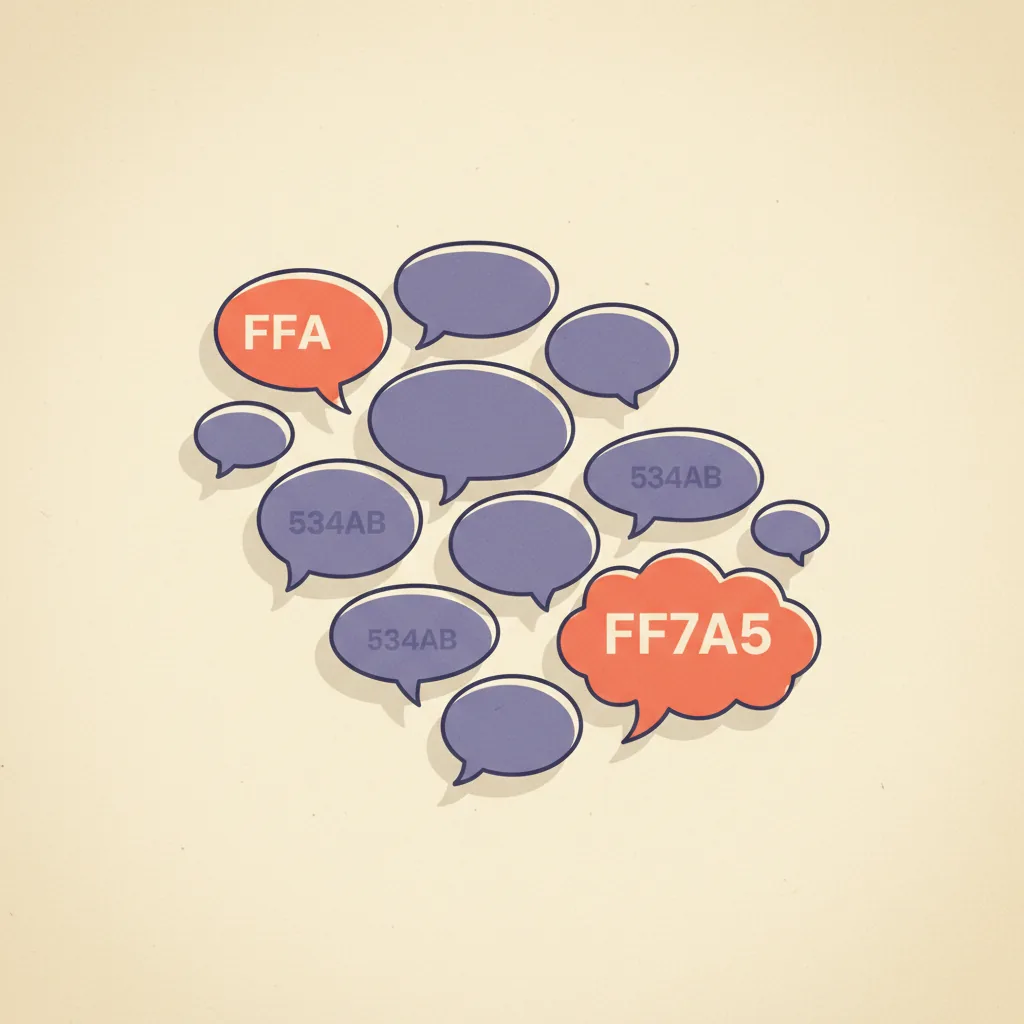 Editorial illustration: a layered cluster of overlapping speech bubble shapes of varying sizes, charcoal line work on cream paper, with two bubbles filled in brand orange-coral and the rest in muted purple, soft long shadows.