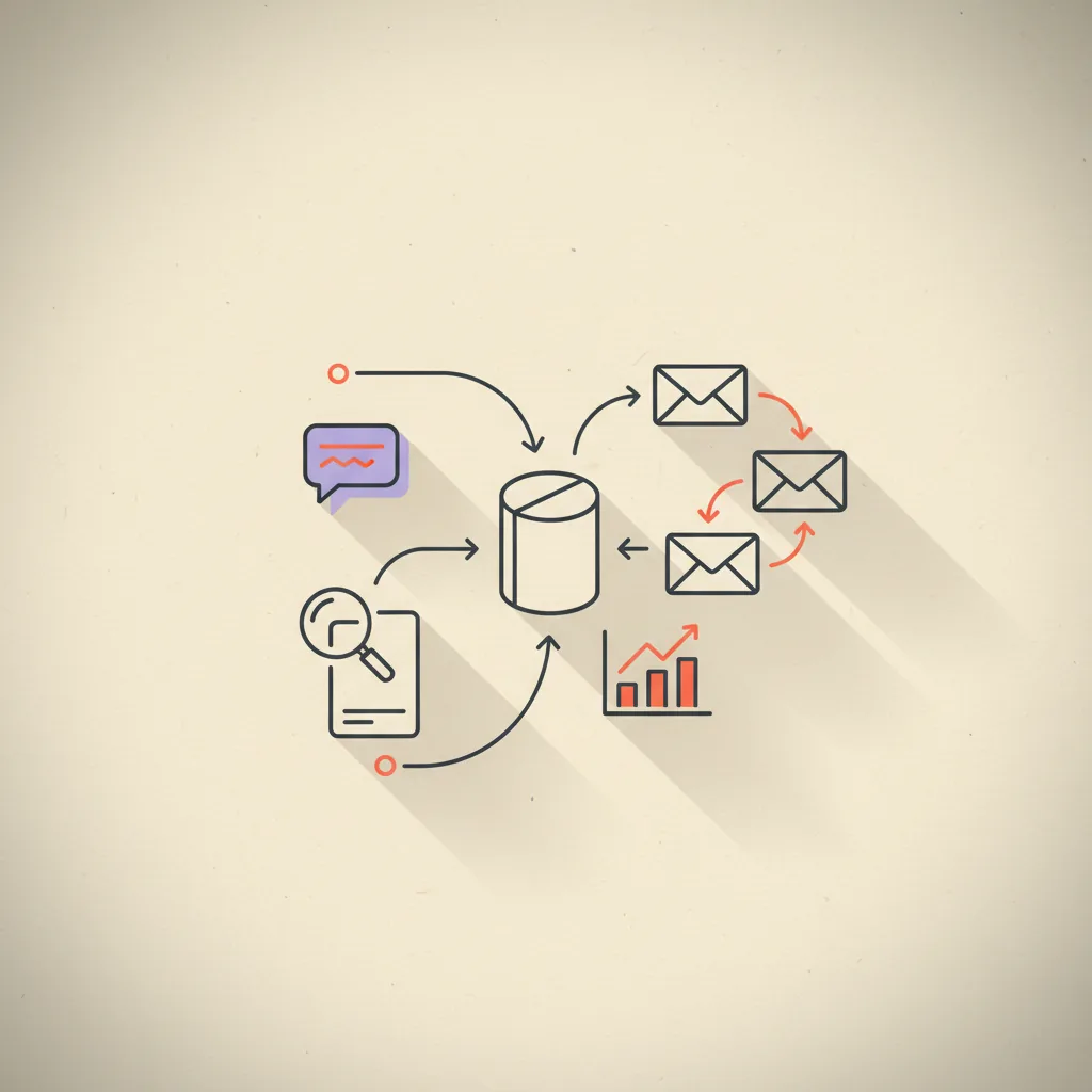 Editorial illustration: a stylized DTC product packaging arrangement with arrows showing email flows, a dashboard chart, and a customer support chat bubble — visualizing where AI plugs into a DTC stack.