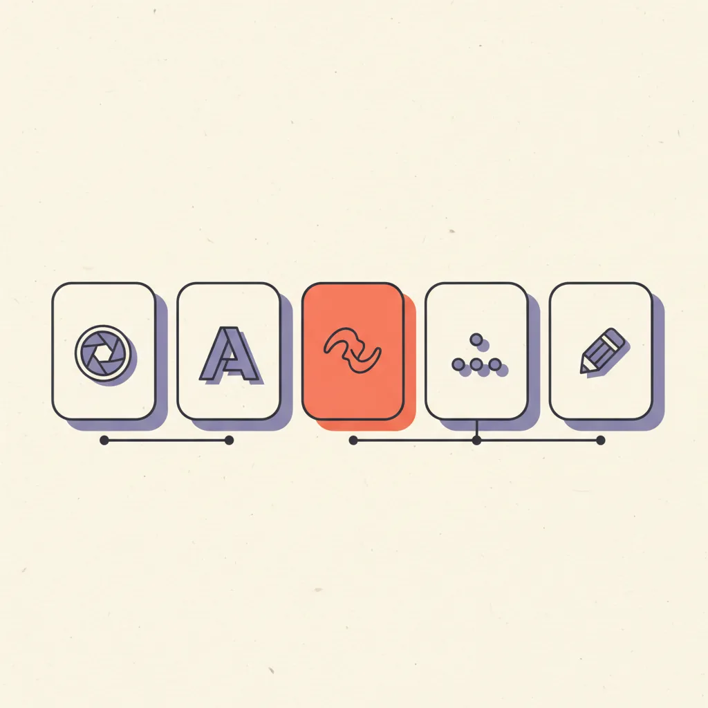 Editorial illustration: five identical square frames in a horizontal row, each labeled with a different visual axis (realism, typography, style, prompt fidelity, edit), with a brand-color highlight on a different frame in each axis to indicate which model wins.