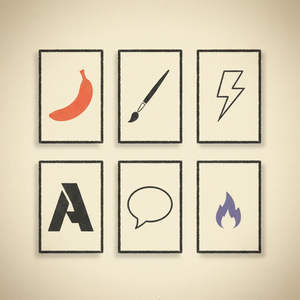Editorial illustration: a 3-by-2 grid of square frames each containing a different abstract shape style — a banana, a paint brush, a lightning bolt, a typographic letter A, a chat bubble, a flame — charcoal line work on cream paper, brand orange-coral accents.