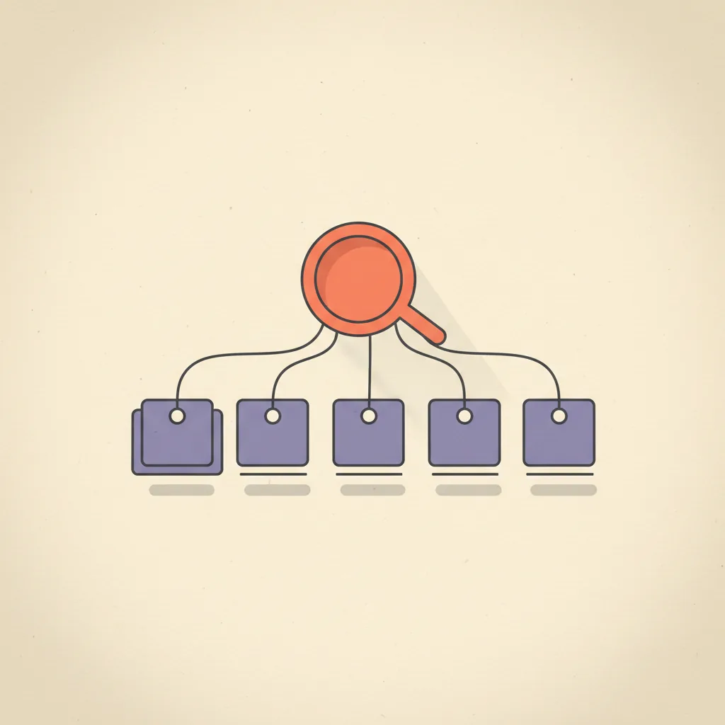 Editorial illustration: a horizontal sales pipeline showing five deal stages as stacked rectangles of decreasing width, with a small magnifying-glass watcher icon hovering above the pipeline connected by thin charcoal lines, charcoal line work on cream paper, brand orange-coral accents on the watcher icon, muted purple on the pipeline stages.