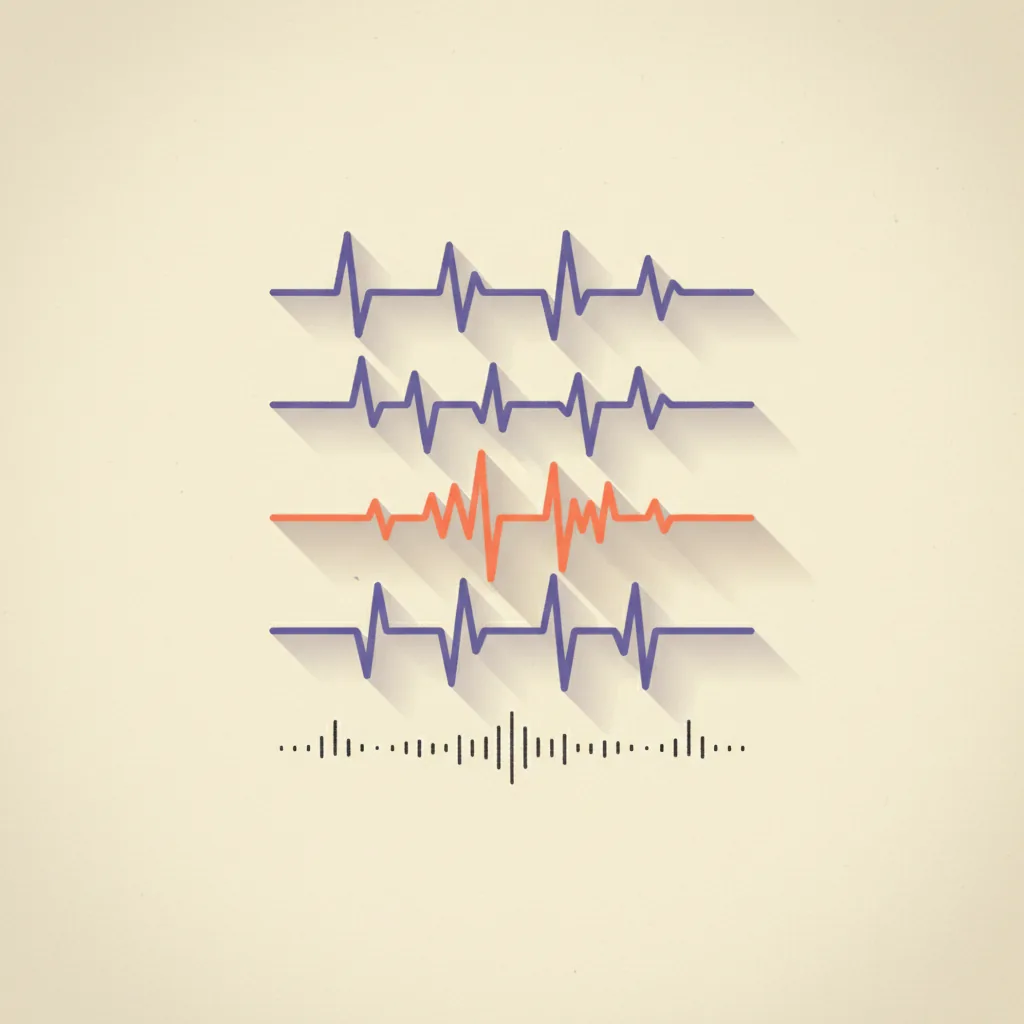 Editorial illustration of overlapping audio waveform shapes representing sales call transcripts, with one waveform highlighted in brand orange-coral, charcoal line work on cream paper.