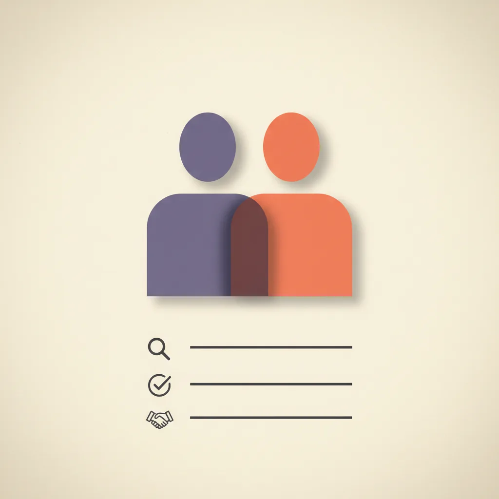 Editorial illustration: two overlapping silhouette figures on cream paper, one filled in brand orange-coral and one in muted purple, with thin charcoal flow lines connecting both into a third layered shape representing the hybrid model.