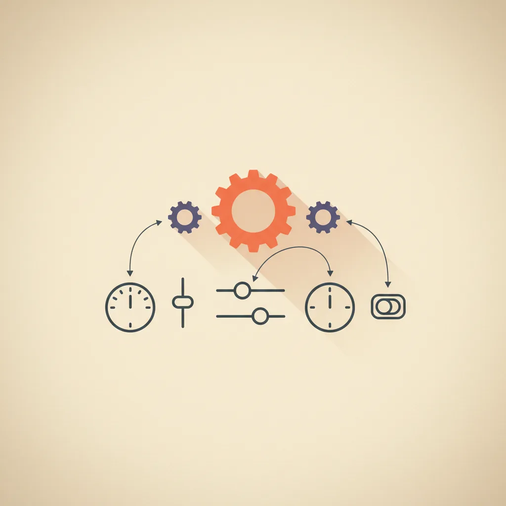 Editorial illustration of a row of dials and sliders being adjusted by abstract gear shapes hovering above them, charcoal line work on cream paper with brand orange-coral and muted purple highlights.
