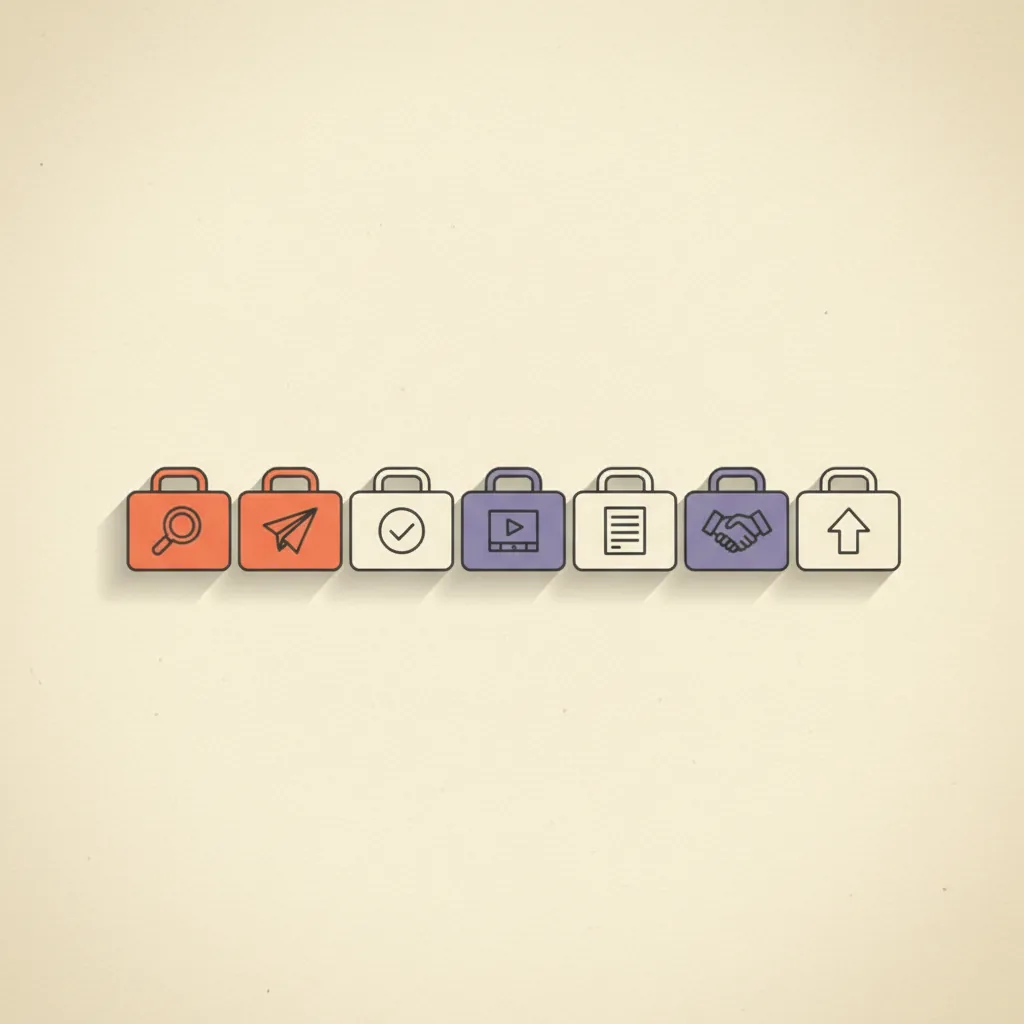 Editorial illustration: a horizontal row of seven small abstract toolbox shapes outlined in charcoal on cream paper, each toolbox holding a different stage icon (magnifying glass, paper plane, checkmark, video frame, document, handshake silhouette, growth arrow), three of the toolboxes filled in brand orange-coral, the rest in muted purple.