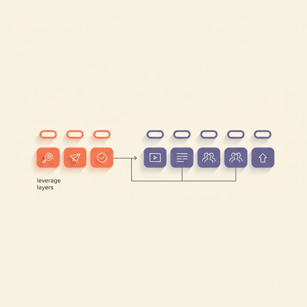 Diagram showing the multi-tool sales stack flow: prospecting feeds into outbound, outbound feeds into qualification, qualification feeds into discovery, with each stage labeled by the recommended tool category and the highlighted leverage layers shown in brand orange-coral.