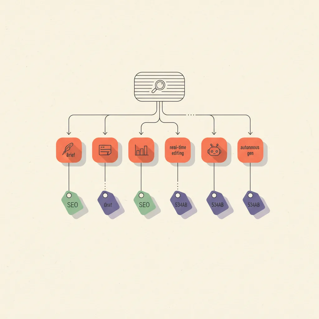 Diagram showing the SEO writing tool buyer decision flow: a single starting node branches by primary need (brief generation, draft writing, real-time editing, autonomous generation), each branch leading to a recommended tool category with the studio default highlighted in soft SEO-green.