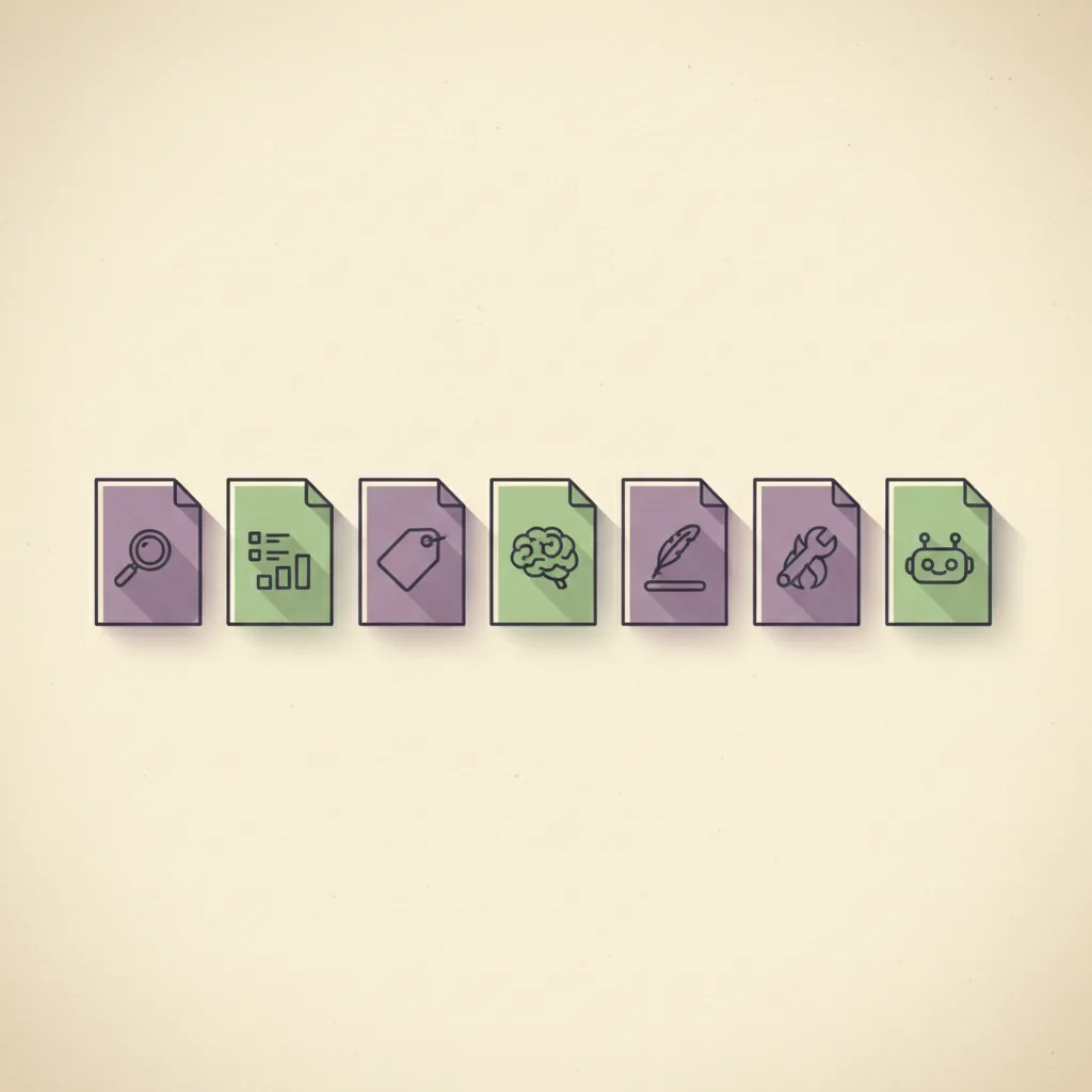 Editorial illustration: a horizontal row of nine miniature page silhouettes on cream paper, each page outlined in charcoal line work with a small icon at its center — a magnifying glass, a checklist, a bar chart, a tag, a brain shape, a quill, a flame, a wrench, and a robot head. Three pages are filled in soft SEO-green; the rest in muted purple, all with long soft shadows.