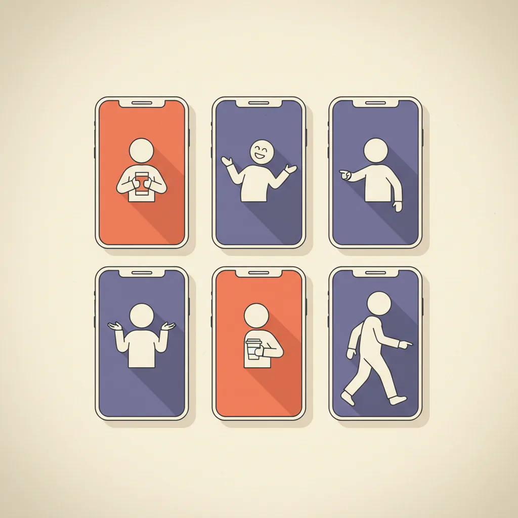 Editorial illustration: a 2-by-3 grid of vertical phone-shaped frames, each containing a different abstract avatar silhouette pose, with one frame highlighted in brand orange-coral, charcoal line work on cream paper.