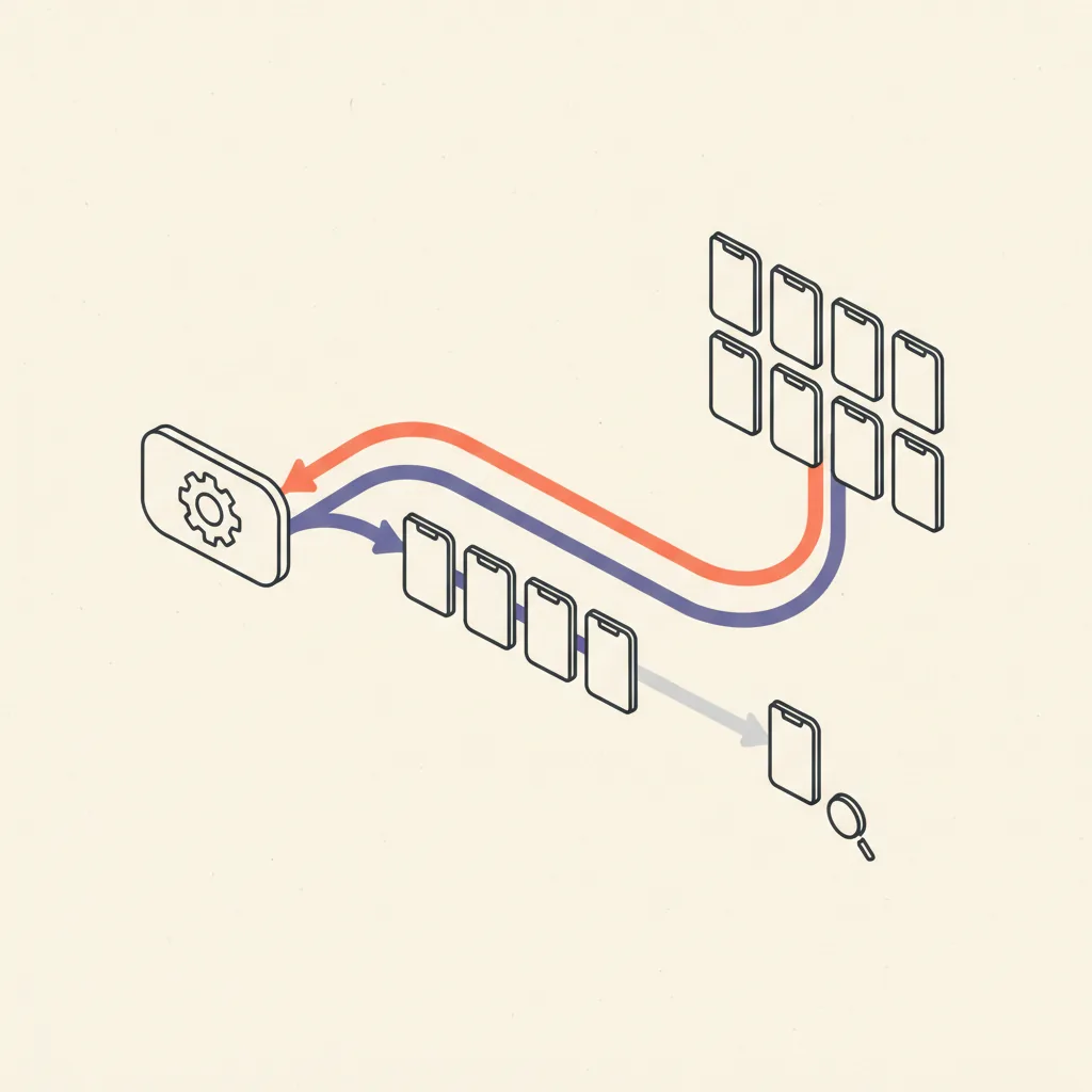 Diagram showing a routing pattern for AI video ad creation: scripts flow into a central router that splits jobs between three platforms based on the type of work — direct-response, volume testing, or competitor cloning.