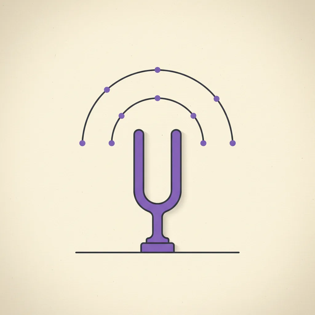 Editorial flat illustration: a single anchored tuning fork at the center emits multiple resonance arcs of varying length and curve, on warm cream paper with subtle grain, in charcoal line work with brand purple and muted purple accents.