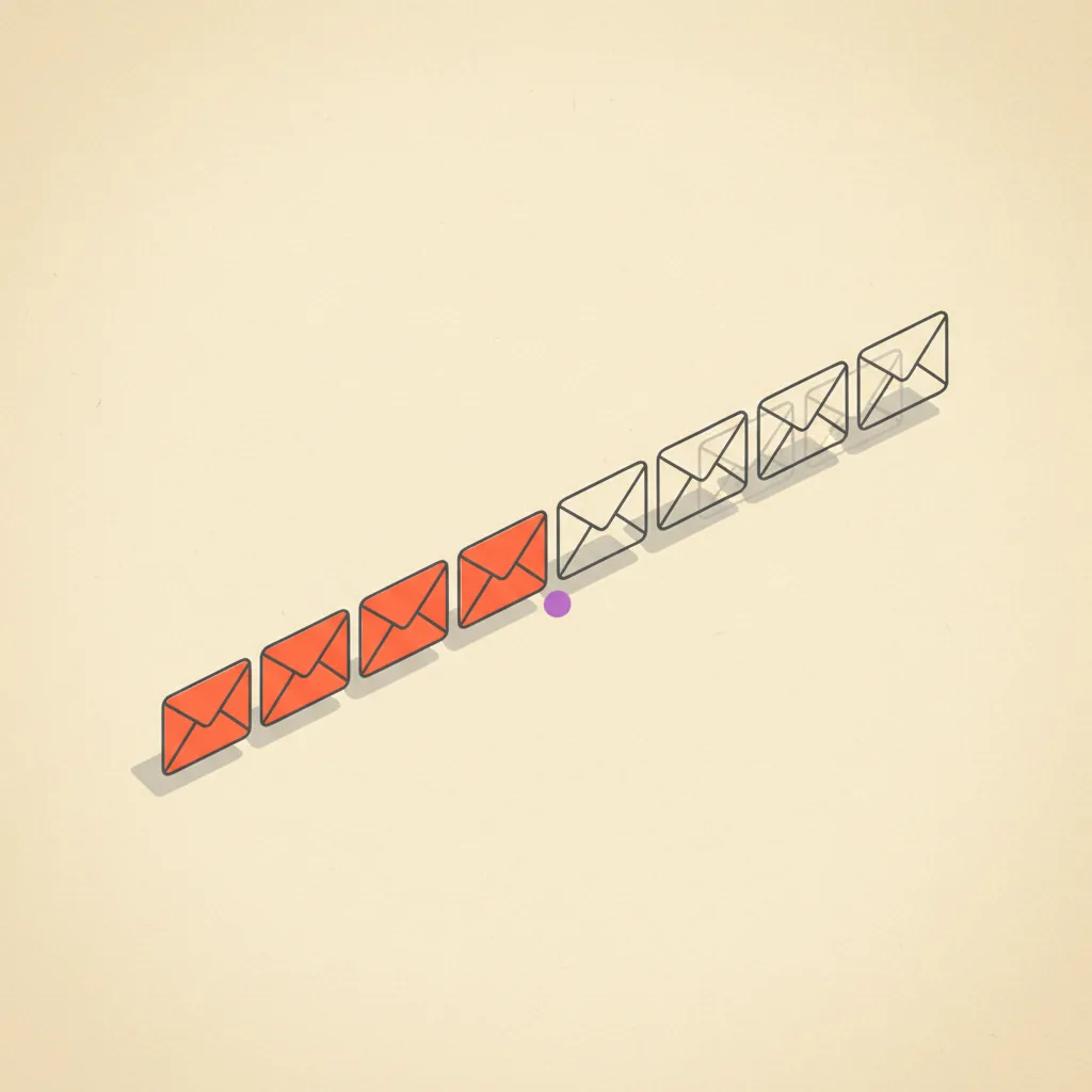 Editorial illustration: a row of paper envelopes, half of them faded gray and half lit in orange-coral, against cream paper.