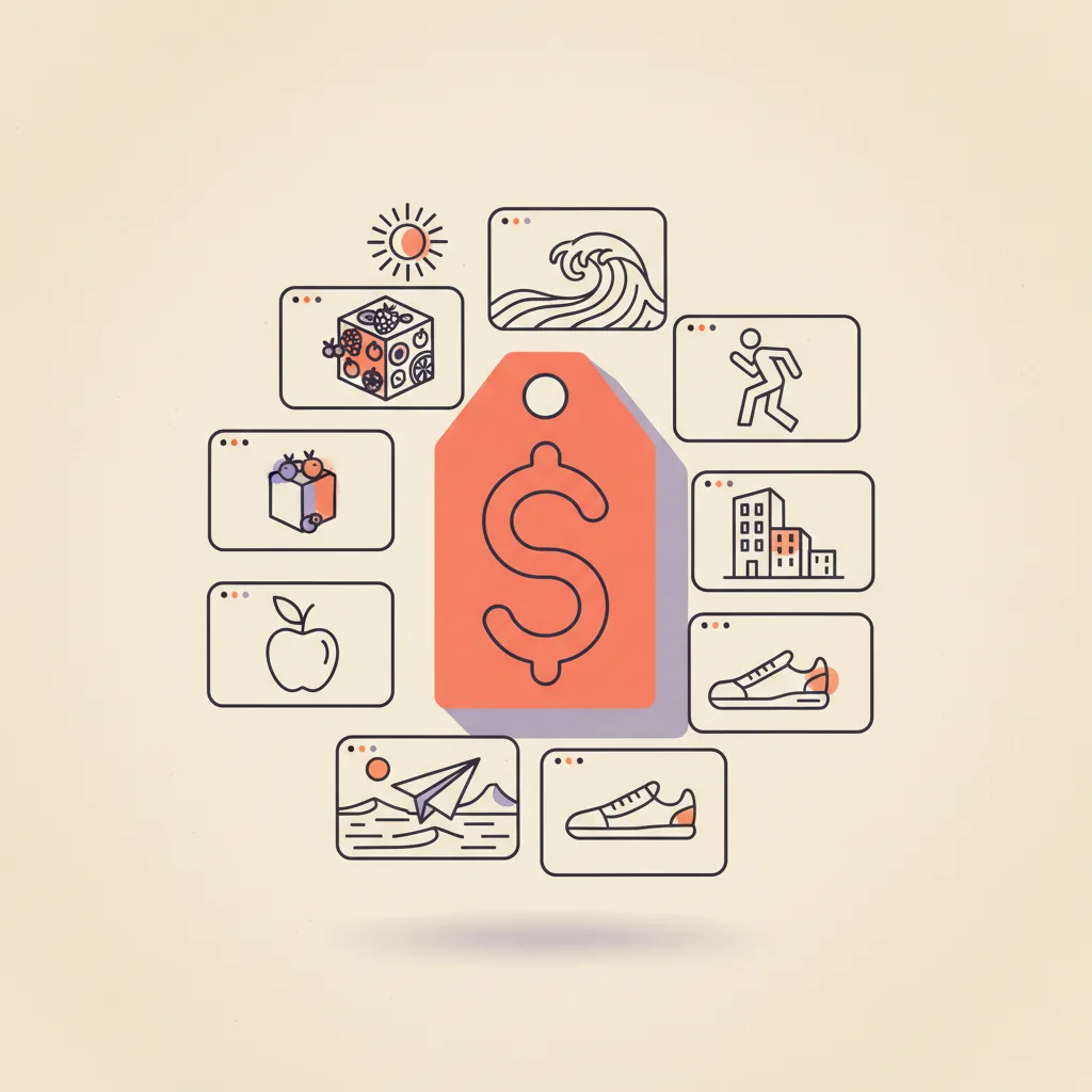 Editorial illustration: a cluster of small video frames orbiting a central price tag, charcoal and orange-coral palette on cream paper.