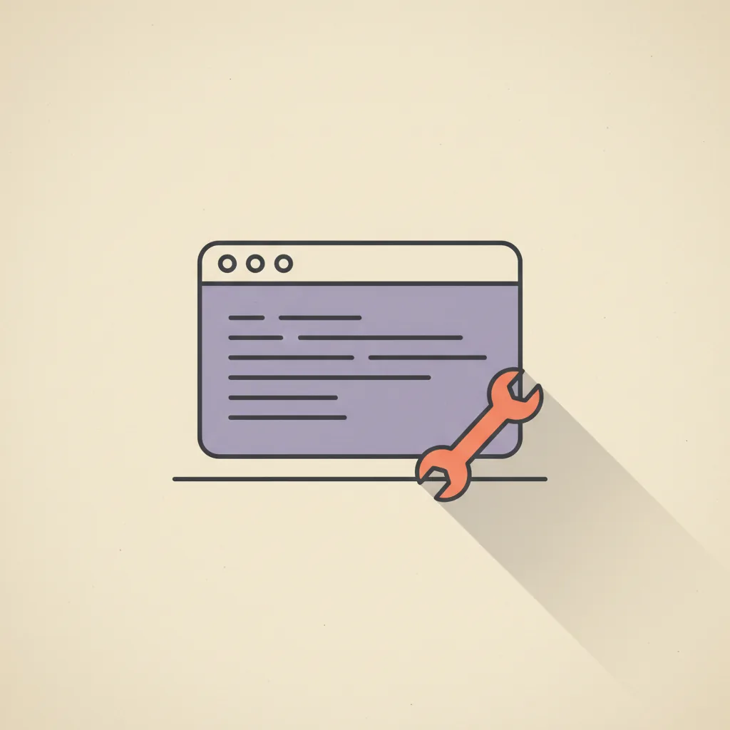 Editorial illustration: a single computer terminal window centered on cream paper, with a small wrench shape resting beside it, charcoal line work and brand orange-coral accents.