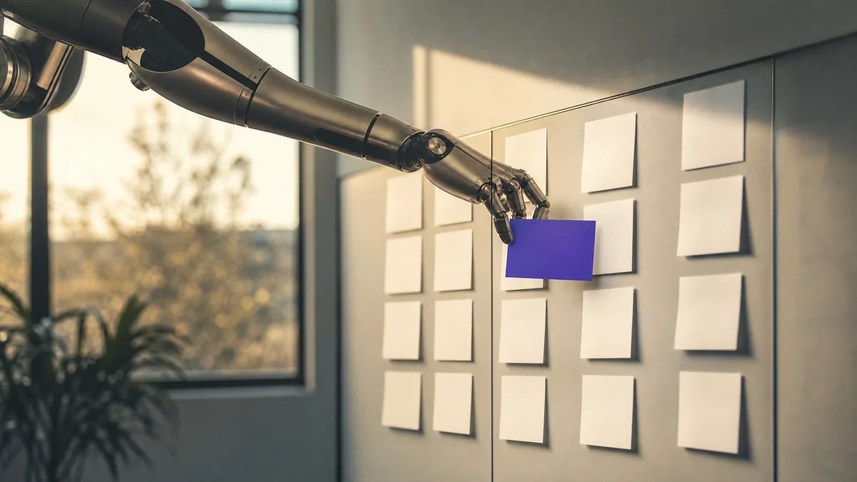 Photoreal editorial hero: a robotic arm places a single glowing purple card onto a wall grid of white kanban cards in a sunlit office, the AI moving a deal through the pipeline.