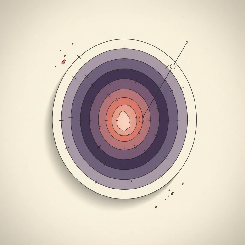Editorial illustration: six concentric layered ovals descending into the page with a small figure-shaped cavity at the center, representing the layered excavation of writing voice — on cream paper with brand purple accents.