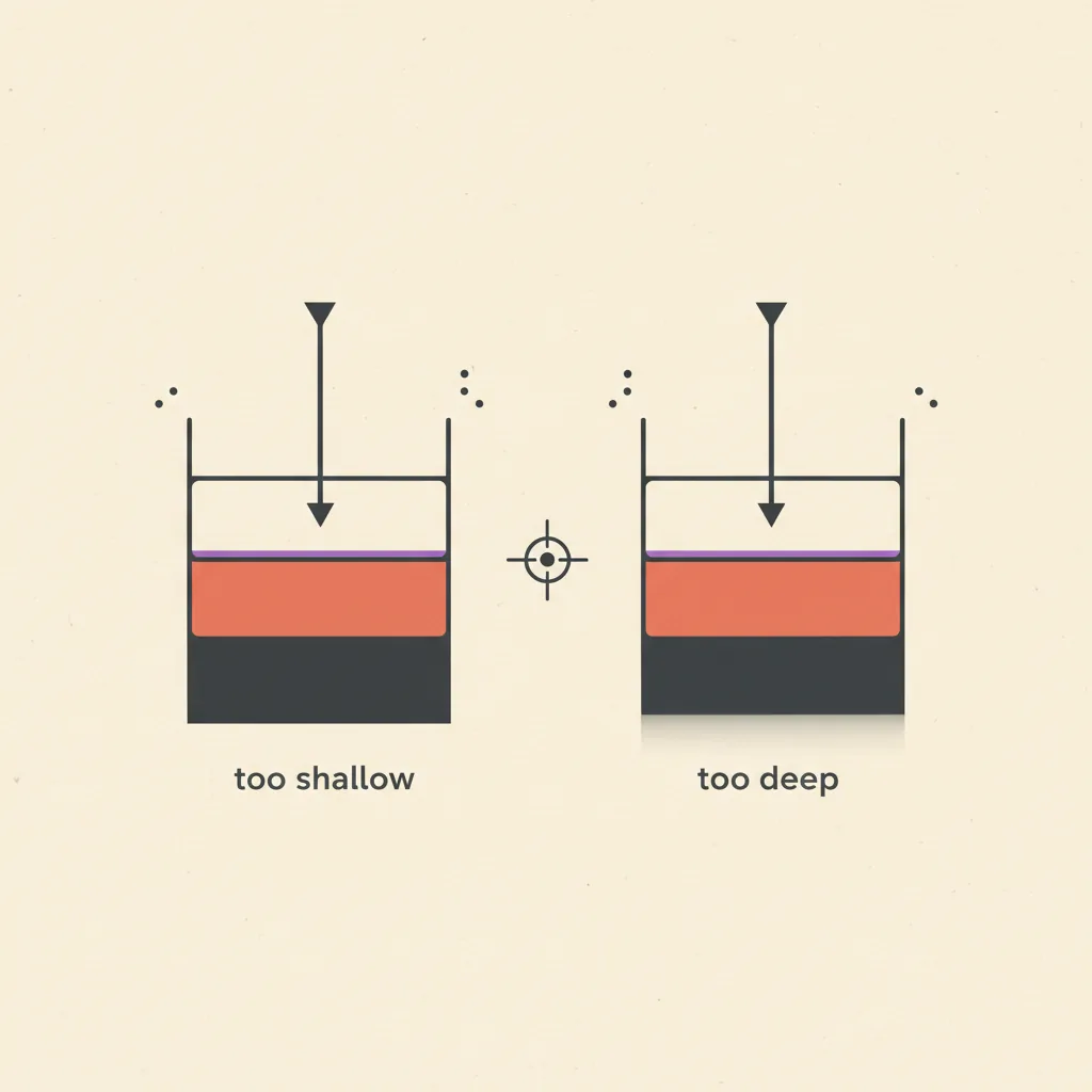 Two side-by-side abstract excavation diagrams: one stopping near the surface labeled too shallow, one going past the foundation labeled too deep.