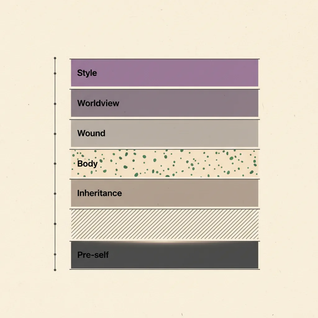 Vertical cross-section diagram showing six labeled horizontal strata representing the layers of voice from style at the surface to pre-self at the deepest level.