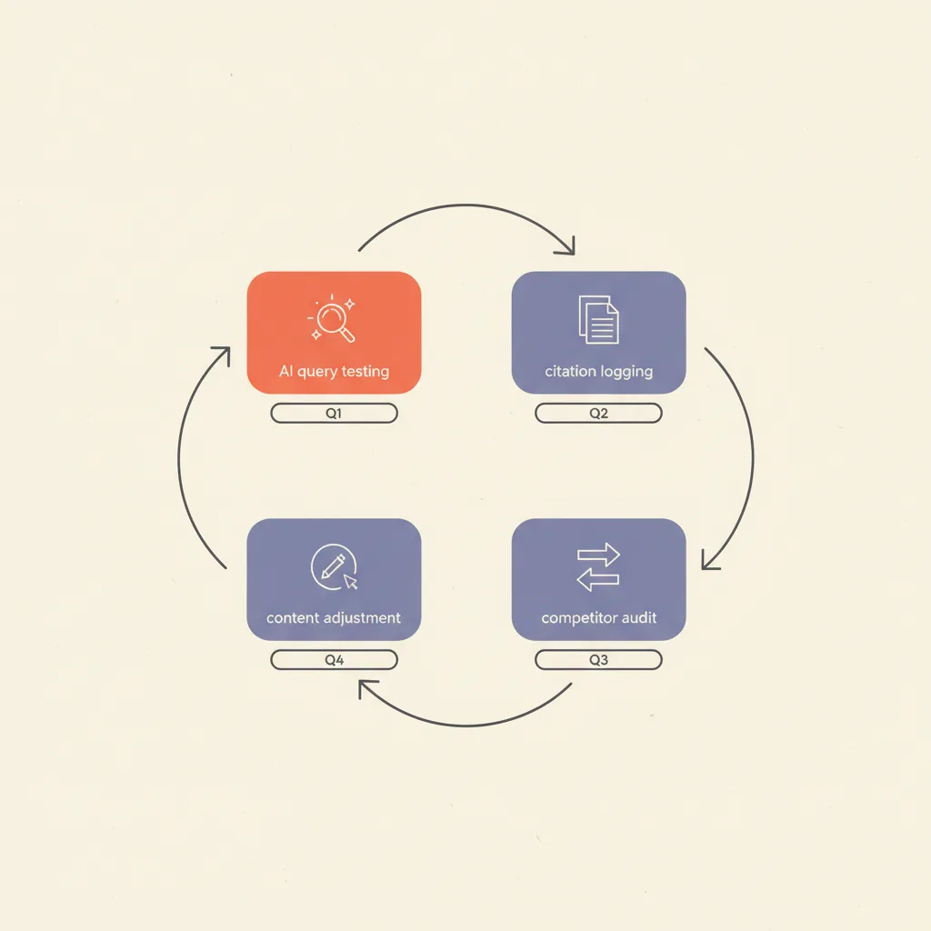 Simple cycle diagram showing the GEO quarterly measurement workflow: run queries, log citations, audit competitors, adjust content.