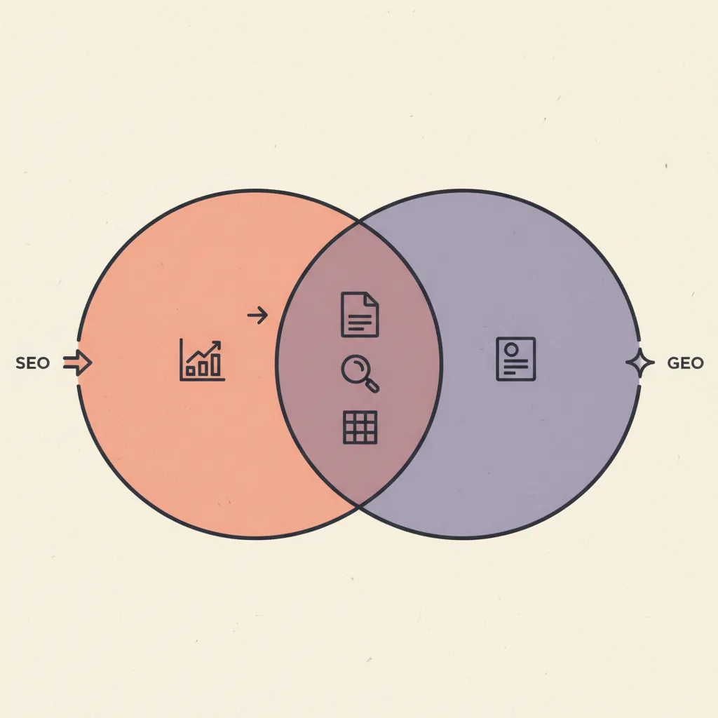 Venn diagram showing SEO and GEO overlap — shared content foundation, diverging output signals and timescales.