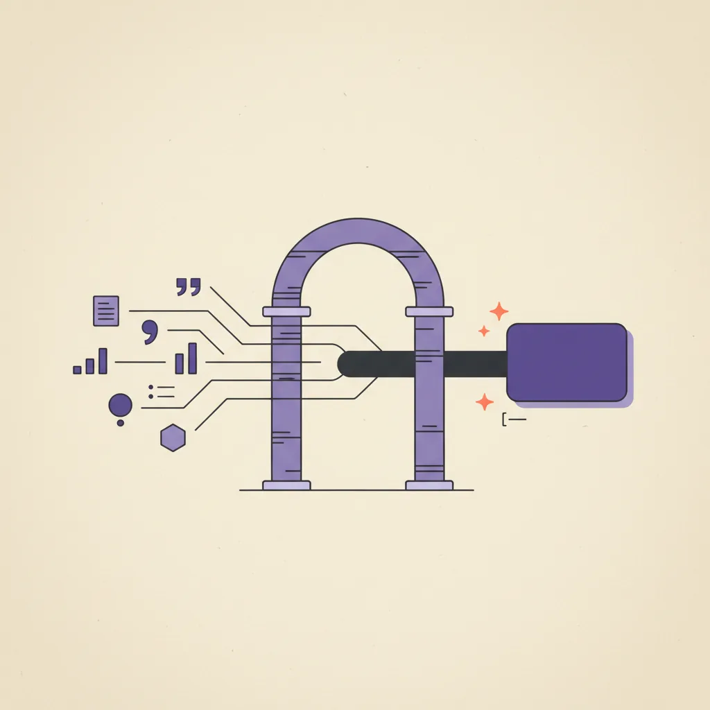 Editorial illustration: a generative engine depicted as an architectural structure with content flowing in from many sources and a synthesized answer beam emerging at the other end, on cream paper with purple accents.
