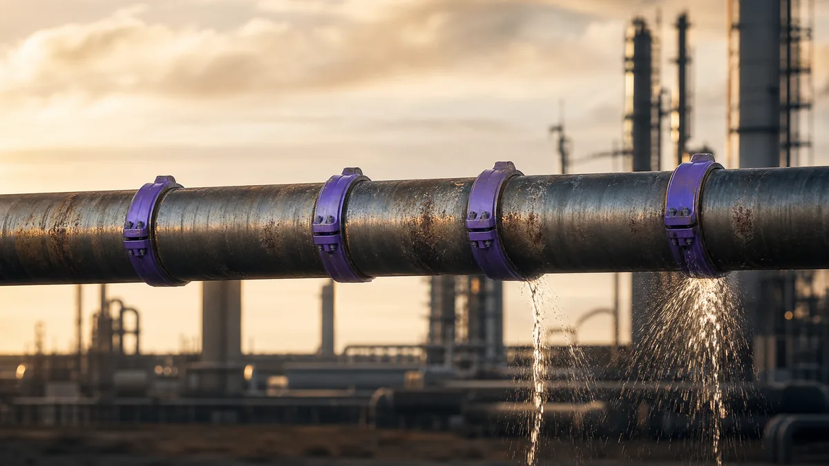 Photoreal editorial hero: an industrial pipe at golden hour, purple clamps sealing several leaks while water still sprays from an unsealed one.