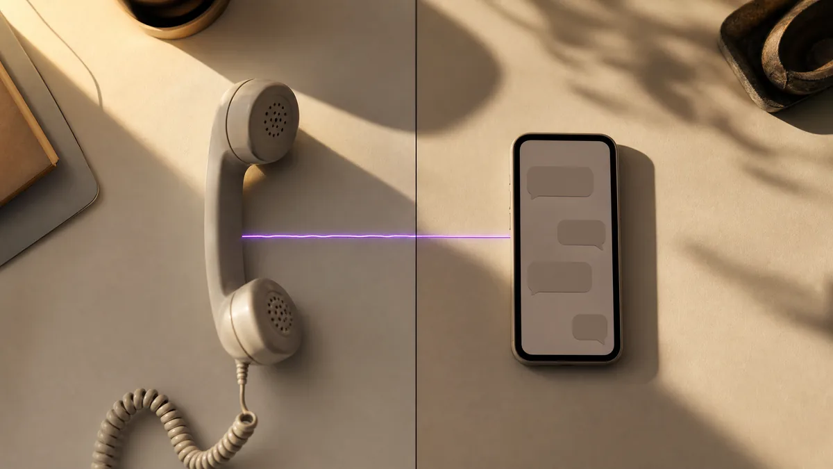 Photoreal editorial hero: a classic desk telephone and a smartphone showing a chat thread side by side on a warm desk, joined by a single glowing purple thread.
