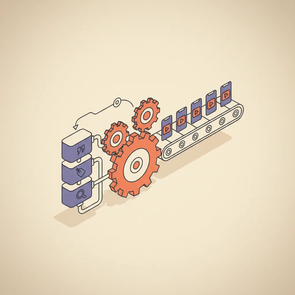 Editorial illustration: an ad creative engine drawn as a piece of mechanical machinery — a row of interlocking gears feeding a conveyor belt that produces a stream of small 9:16 ad frames, on cream paper with brand orange-coral and muted purple accents.
