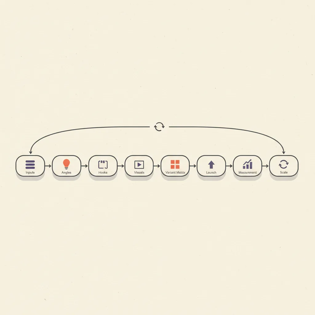 Diagram of the eight-stage AI ad creative pipeline, from inputs to scale, drawn as a horizontal flow with a feedback loop arcing back from stage 7 to stage 1.