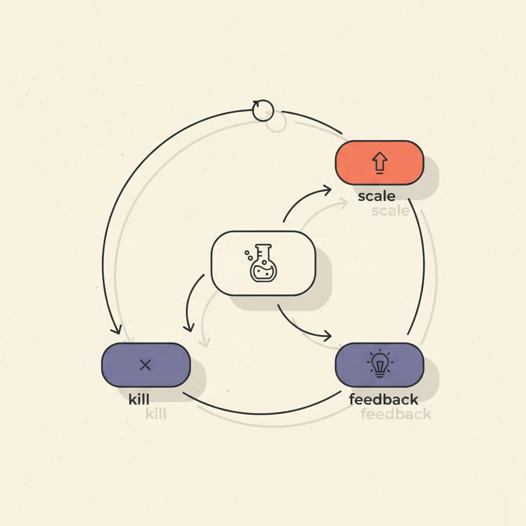 Diagram of the test, winner, scale loop showing how variants flow from launch through measurement to either kill, scale, or feed-back into the angle bank.