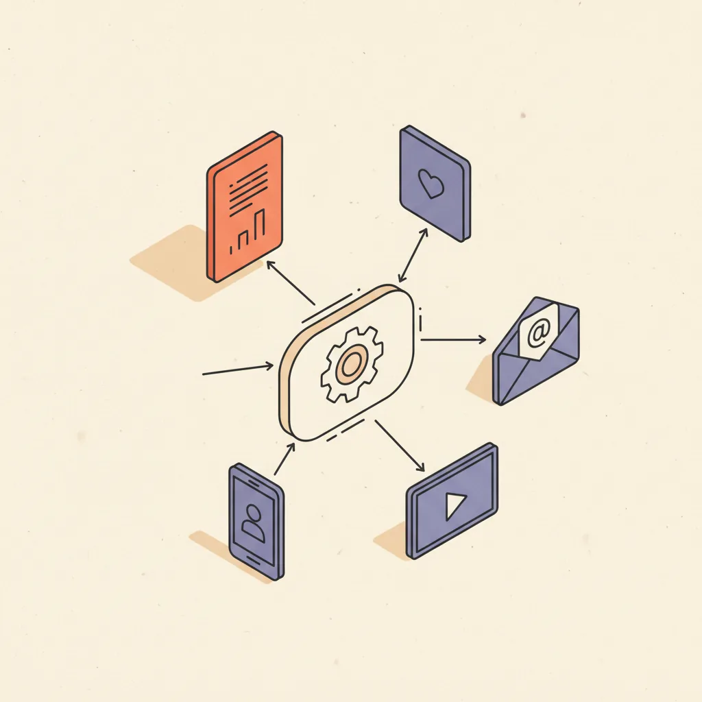 Diagram of the five AI content engines as distinct platform-shaped frames connected to a central shared architecture node.