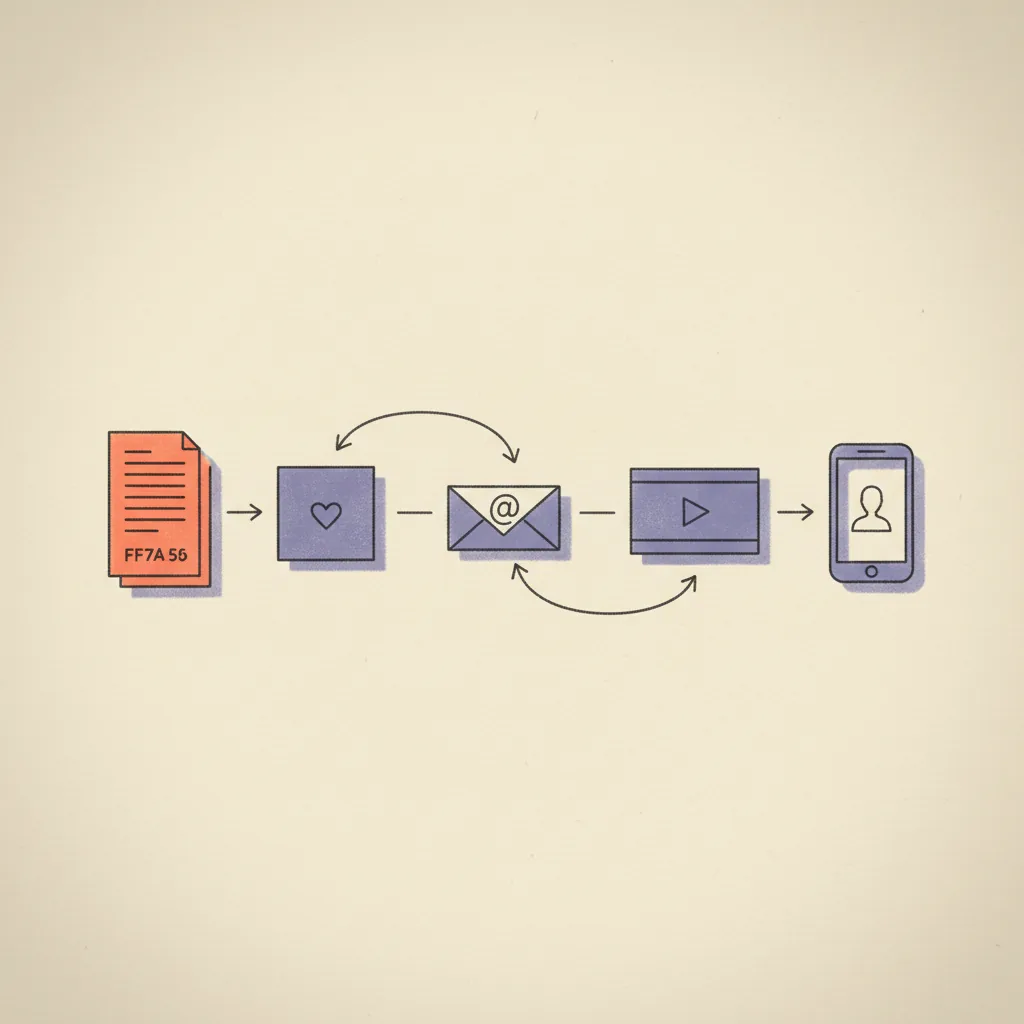Editorial illustration: a horizontal pipeline of five distinct platform-shaped frames (a long document, a square social tile, an envelope, a rectangle film frame, a vertical phone frame), each connected by a charcoal flow line, on cream paper with brand orange-coral accents.