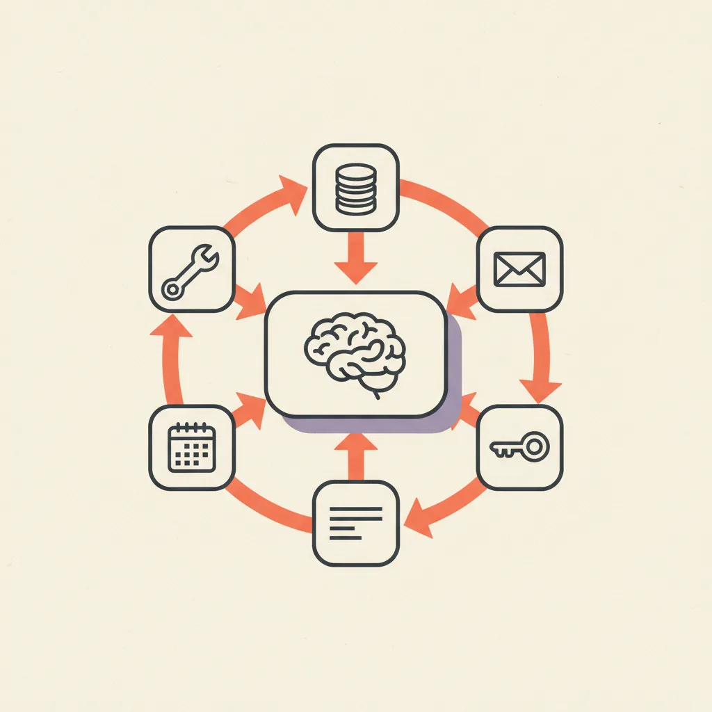 Editorial illustration: a central rounded-square brain shape connected by orange-coral arrows to a small grid of five tool icons (wrench, database, envelope, calendar, key) and a small log/feedback panel at the bottom.