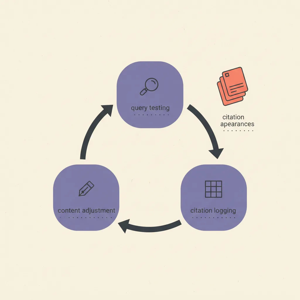 Simple three-step citation tracking cycle: run queries, log citations, adjust content — arranged as a repeating loop.