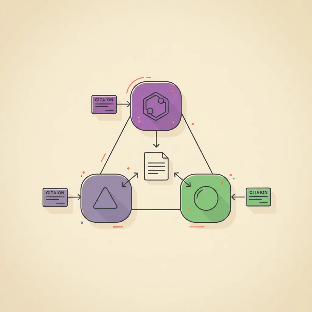 Editorial illustration: three AI engine icons arranged in a triangle receiving a content source document and each emitting an attribution citation card, on cream paper with purple accents.