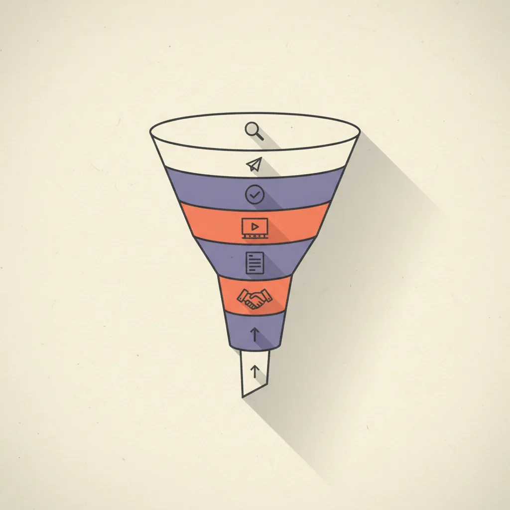 Editorial illustration: a vertical sales funnel split into seven horizontal bands, each band labeled with an abstract icon representing a stage (magnifying glass, paper plane, checkmark, video frame, document, handshake silhouette, growth arrow), charcoal line work on cream paper with brand orange-coral accents.