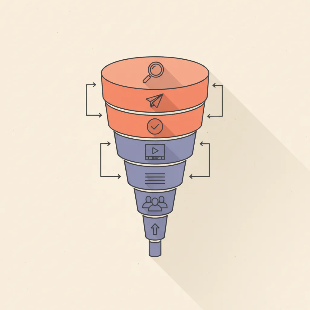 Diagram of the 7 stages of a B2B sales process drawn as a vertical funnel with each band labeled by an abstract icon representing the stage, with stages 1, 2, and 3 highlighted as the leverage layers.