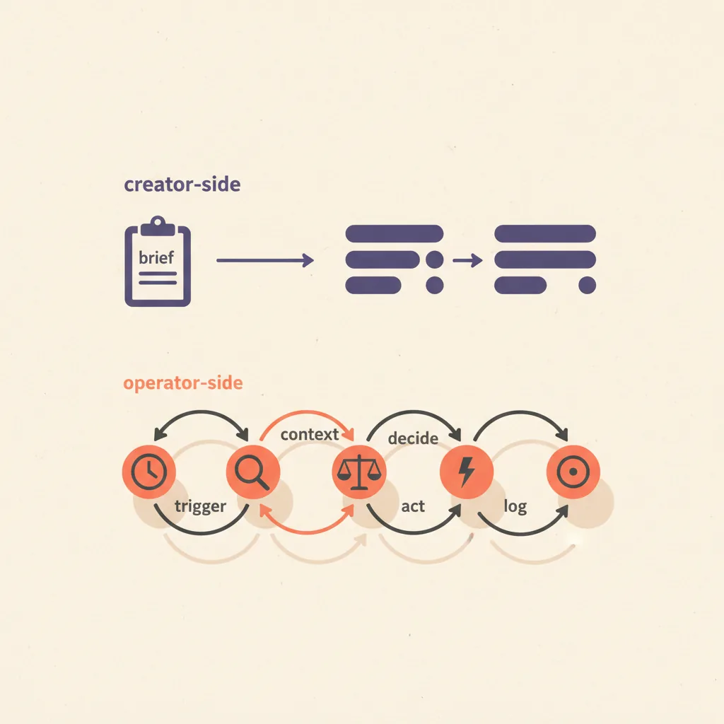 Diagram contrasting creator-side AI (input brief, output content) with operator-side AI (input event, watch, decide, act, log loop), drawn as two parallel horizontal flows.
