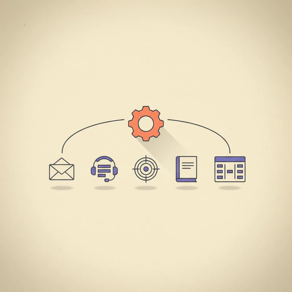 Editorial illustration: a horizontal arrangement of six different operational surface icons (envelope, deal pipeline, support headset, ad target, ledger book, kanban board) connected by thin charcoal lines to a central oversized gear shape, charcoal line work on cream paper, brand orange-coral accents.