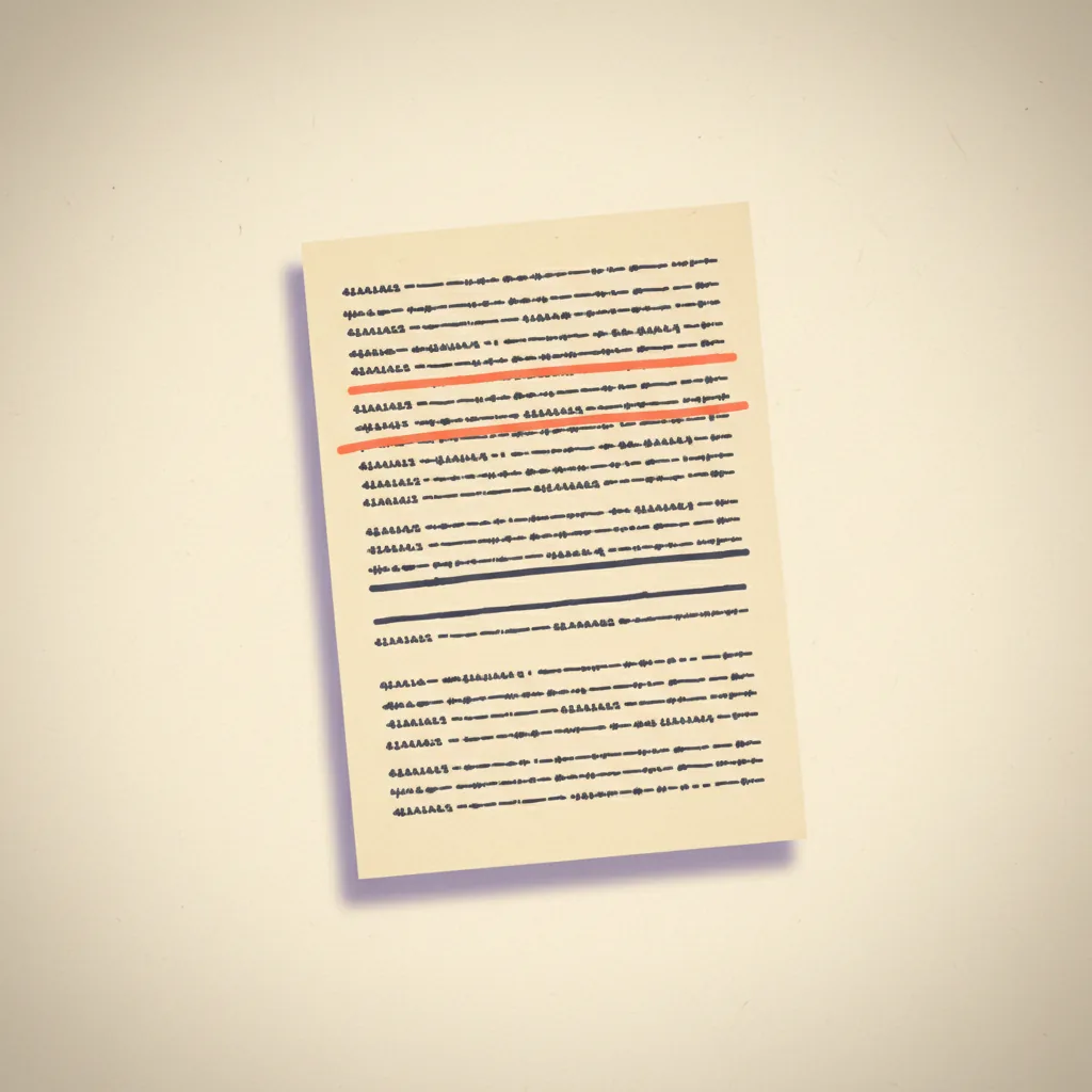 Editorial illustration: a sheet of typewritten text, with several lines crossed out in orange-coral and a few rewritten in clean charcoal below.