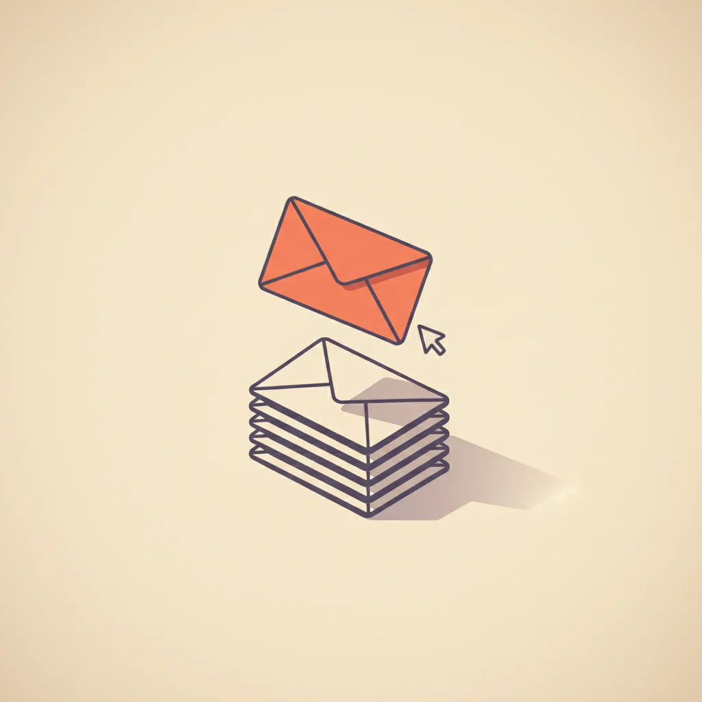Editorial illustration: a stack of paper envelopes with one floating up, charcoal line work, orange-coral accent on the floating envelope.